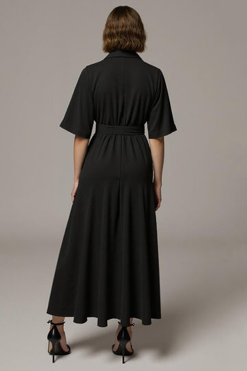 Black A Line V-Neck Work Dress with Half Sleeves